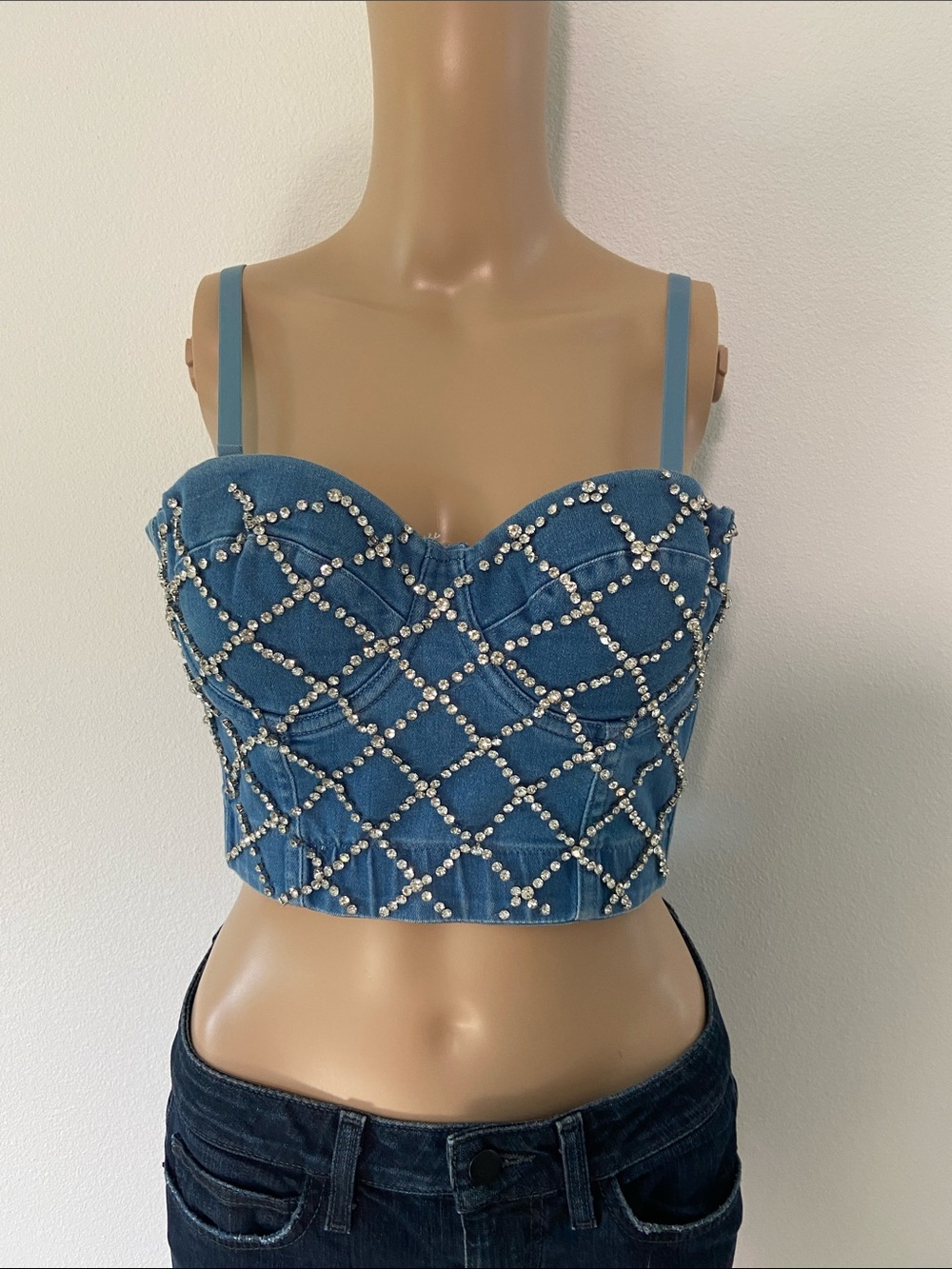 VTG Papaya Denim rhinestone Lattice Bustier Crop Top